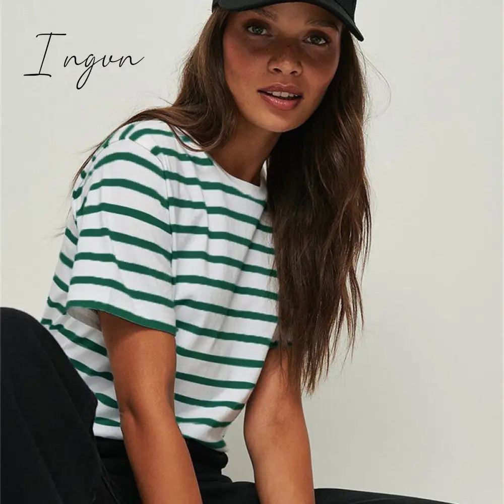 Ingvn - Ladies Loose Cotton Summer Short Sleeve O Neck Striped Basic T-Shirts Women T Shirt Casual Cozy Tee Tops Harajuku Shirt Female