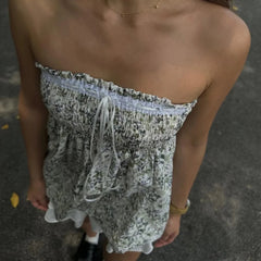 Y2k Elastic Bust Strapless Flowy Camisole Floral Graphic Print Tube Tops Fairycore Sweet Cute Off Shoulder Backless BabydollVest