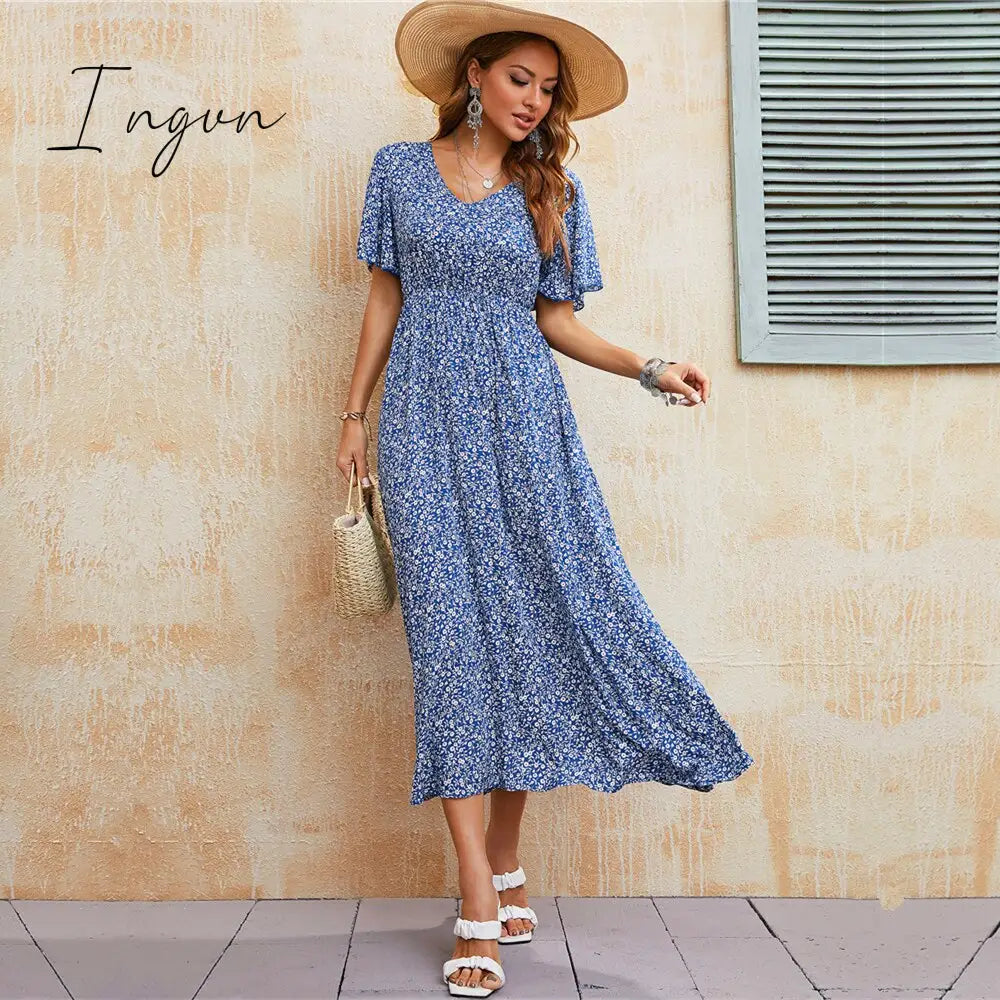 Ingvn - Ladies Vintage Boho Print Summer Dress Women Casual Blue Elastic Waist Bohemian Beach Sundress Women Dress Robe Vestidos Female