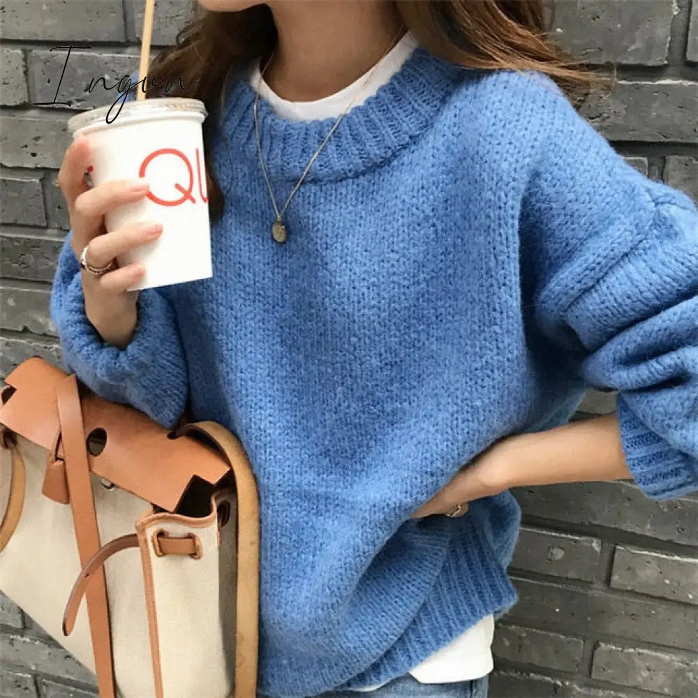 Ingvn - Sweater Women Autumn Winter Solid O Neck Pullover Sweaters Korean Style Knitted Long Sleeve Jumpers Casual Tops