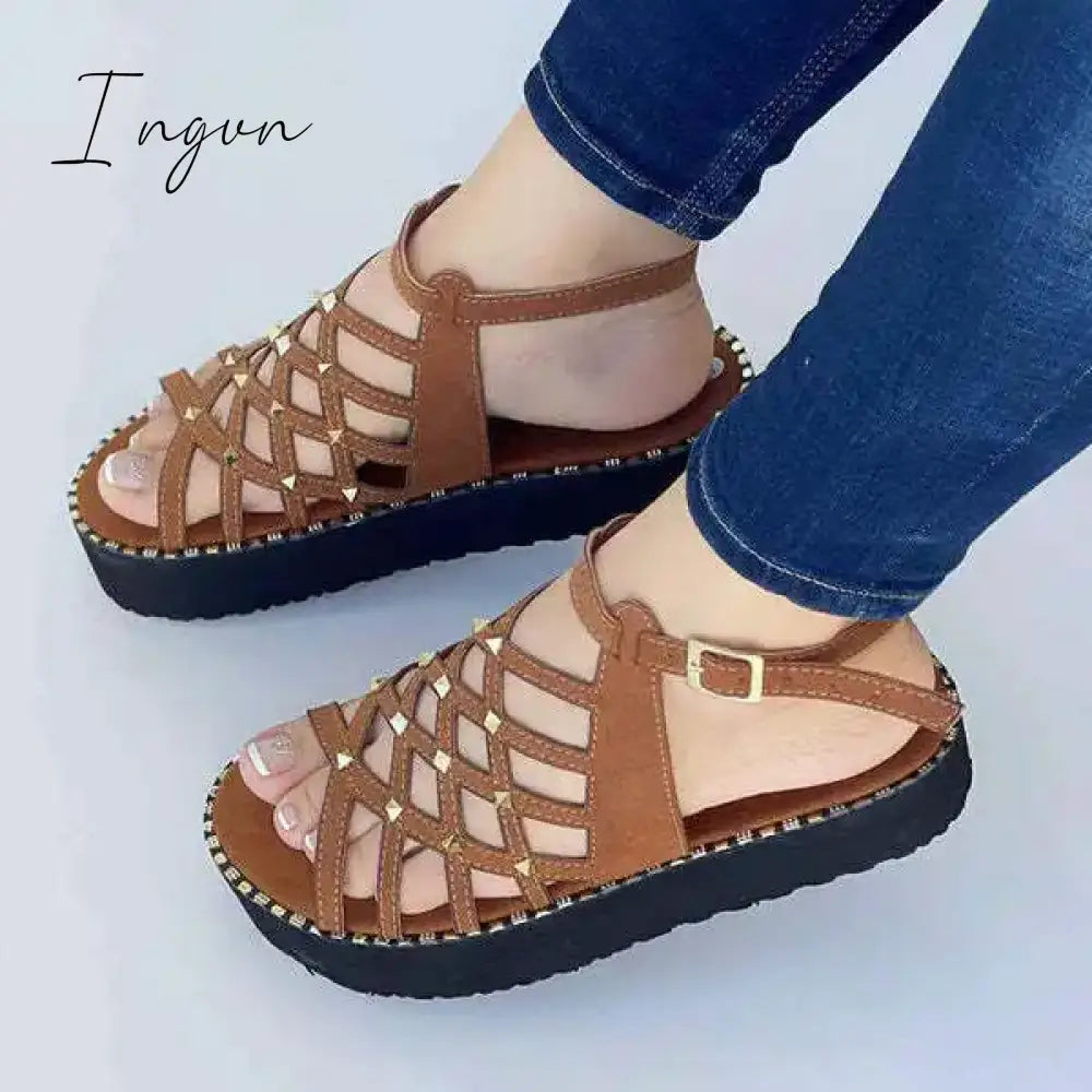 Ingvn - Fashion 2024 Summer Platform Sandals Women Casual Rubber Sole Non-slip Women Shoes Comfortable Peep Toe Rivet Beach Sandals