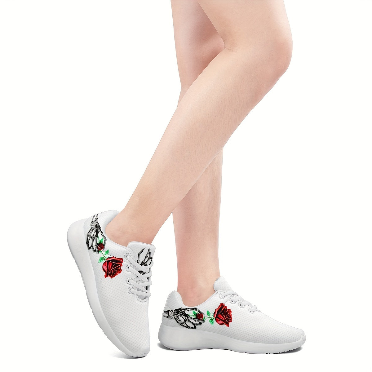 Womens Lightweight Breathable Mesh Sneakers - Cushioning Support, Anti-Slip Shock-Absorbing, Random Printing Skeleton & Rose Decor, Durable Low-Top Lace-up Athletic Shoes for All-Season Wear