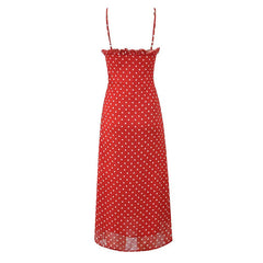 New Women Polka Dot Red Sexy Long Dreses Ruffle O Neck A-line Midi Summer Party Dressess Holiday Robe