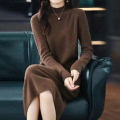 Korean Casual Long Sleeve Knitted Midi Dresses for Women Autumn Winter Elegant Half High Collar Sweaters Female Clothing