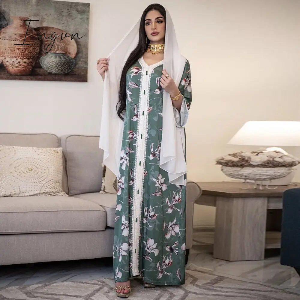 Ingvn - Siskakia Ethnic V Neck Ribbon Maxi Dress Fall Loose Muslim Jalabiya Abaya Dresses Full Sleeve Arabic Islamic Dubai Clothes