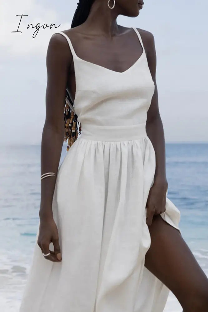 Ingvn- Sexy Vacation Solid Bandage Backless V Neck Beach Dress Dresses