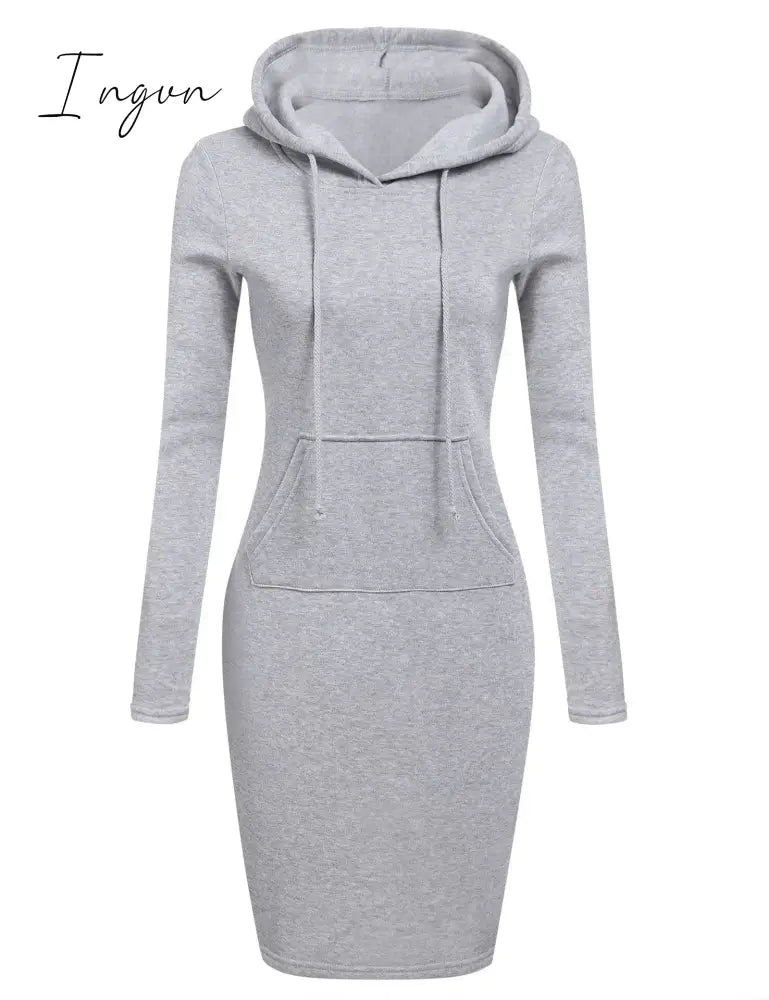 Ingvn - Autumn And Winter Hoodie Dress Elegant Long Sleeve Pocket Combining Casual Women's Midi Dresses