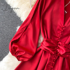 Ingvn - Womens Fashion Irregular Maxi Dress Women Design Hollow Puff Sleeve A-line Dress New Autumn Casual Vacation Split Long Dress
