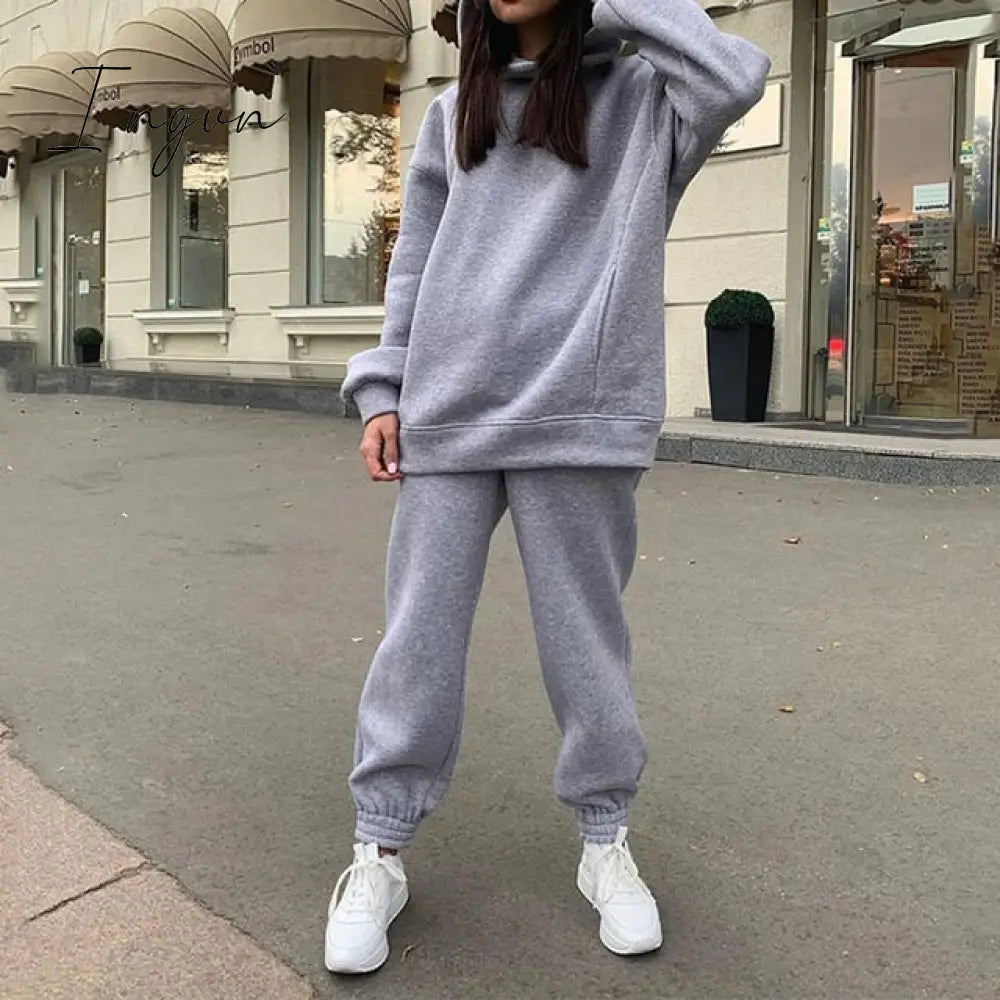 Ingvn - Women Elegant Solid Sets For Women Warm Hoodie Sweatshirts And Long Pant Fashion Two Piece Sets Ladies Lace Up Sweatshirt Suits