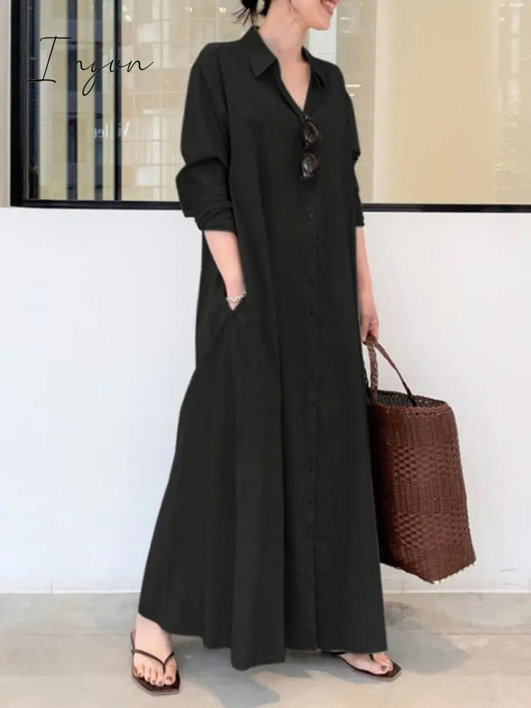 Ingvn - Summer New Dress Fashion Cotton Linen Striped Cardigan Loose Large Casual Temperament Commuter Irregular Women's Long Dress tops