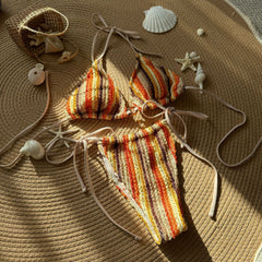 New Color-matching Jacquard Sexy Drawstring Strap Swimwear Swimsuit Bikini