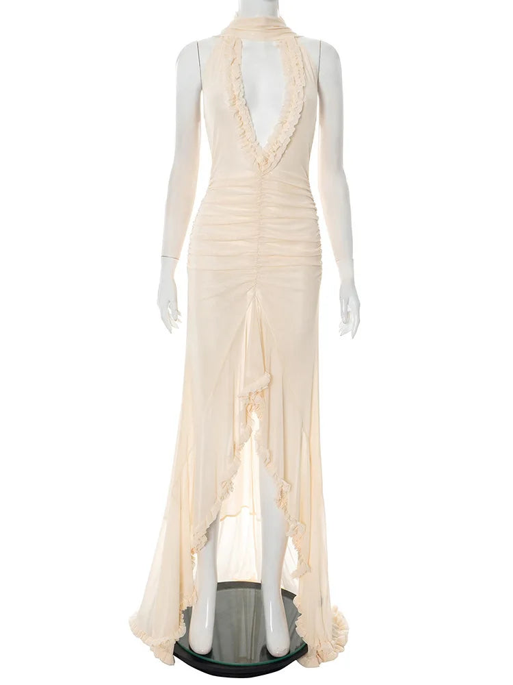 Halter Hollow Out Sexy Maxi Dress Women Gown Fashion Elegant Sleeveless Backless Bodycon Ruffle Club Party Dress New