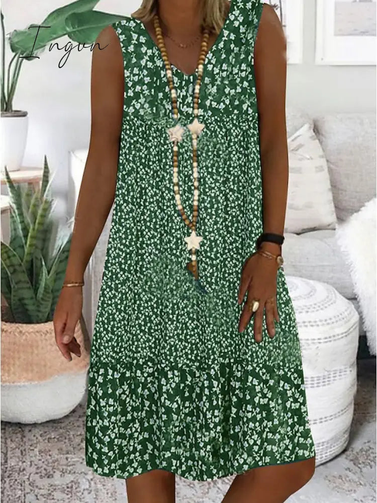 Ingvn - Women's Casual Dress Shift Dress Midi Dress Brown Sleeveless Floral Print Spring Summer V Neck Basic Daily Weekend 2023 S M L XL XXL 3XL