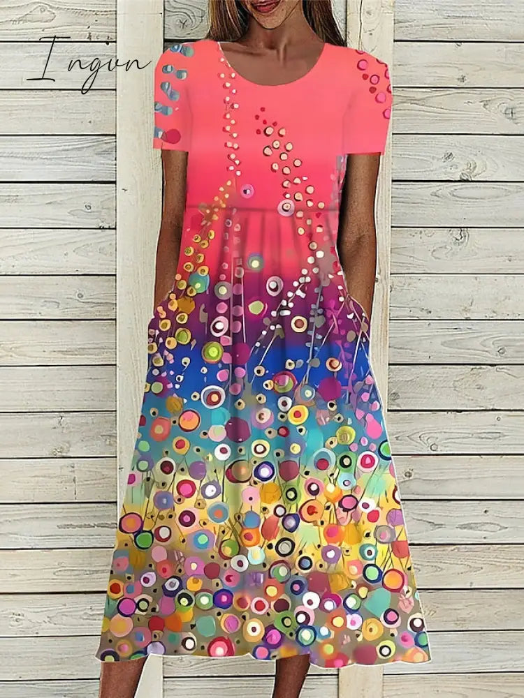 Ingvn - Women's Casual Dress Summer Dress Polka Dot Dress Floral Polka Dot Pocket Print Crew Neck Midi Dress Fashion Streetwear Outdoor Daily Short Sleeve Loose Fit Black Red Blue Summer Spring S M L XL XXL