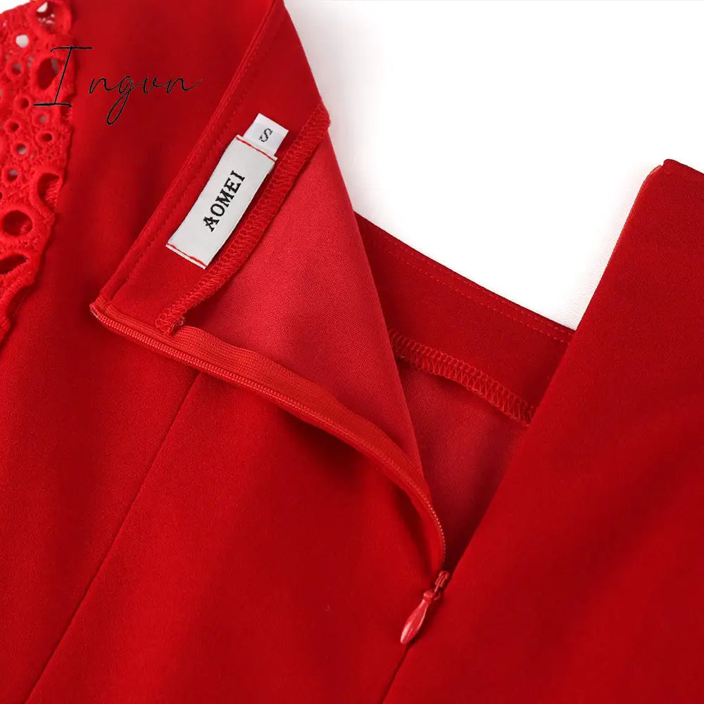 Ingvn - Women Red Dress Off Shoulder Lace Hollow Out Patchwork A Line Pleat Elegant Party Large Size Lady Female Homecoming Robes Gowns