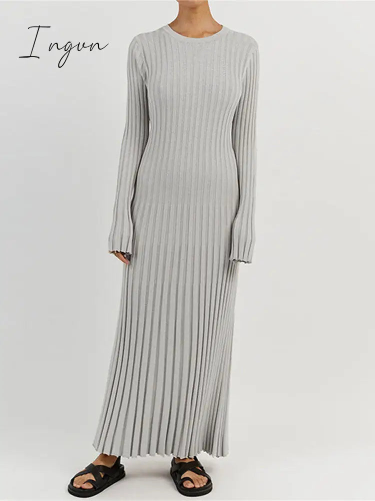 Ingvn - Solid Color Round Neck Long Sleeved Knitted Dress Women Pleated Slim White Long Robes 2023 Summer Lady Office Streetwear Vestido