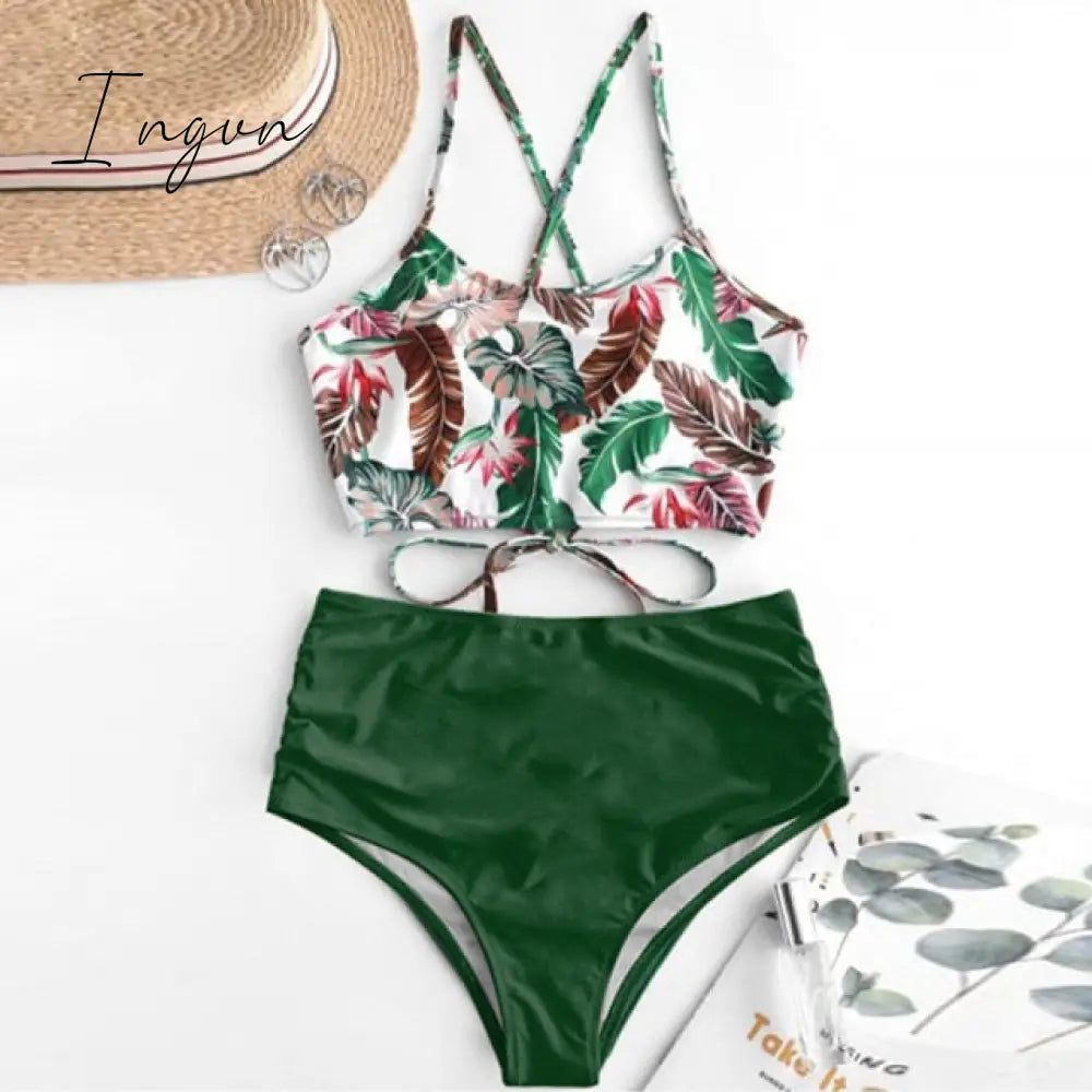 Ingvn - High Waist Bikini Leopard Swimsuit Women Bikini Floral Swimsuit Print High Neck Bikini Push Up Swimwear Snake Bathing Suit