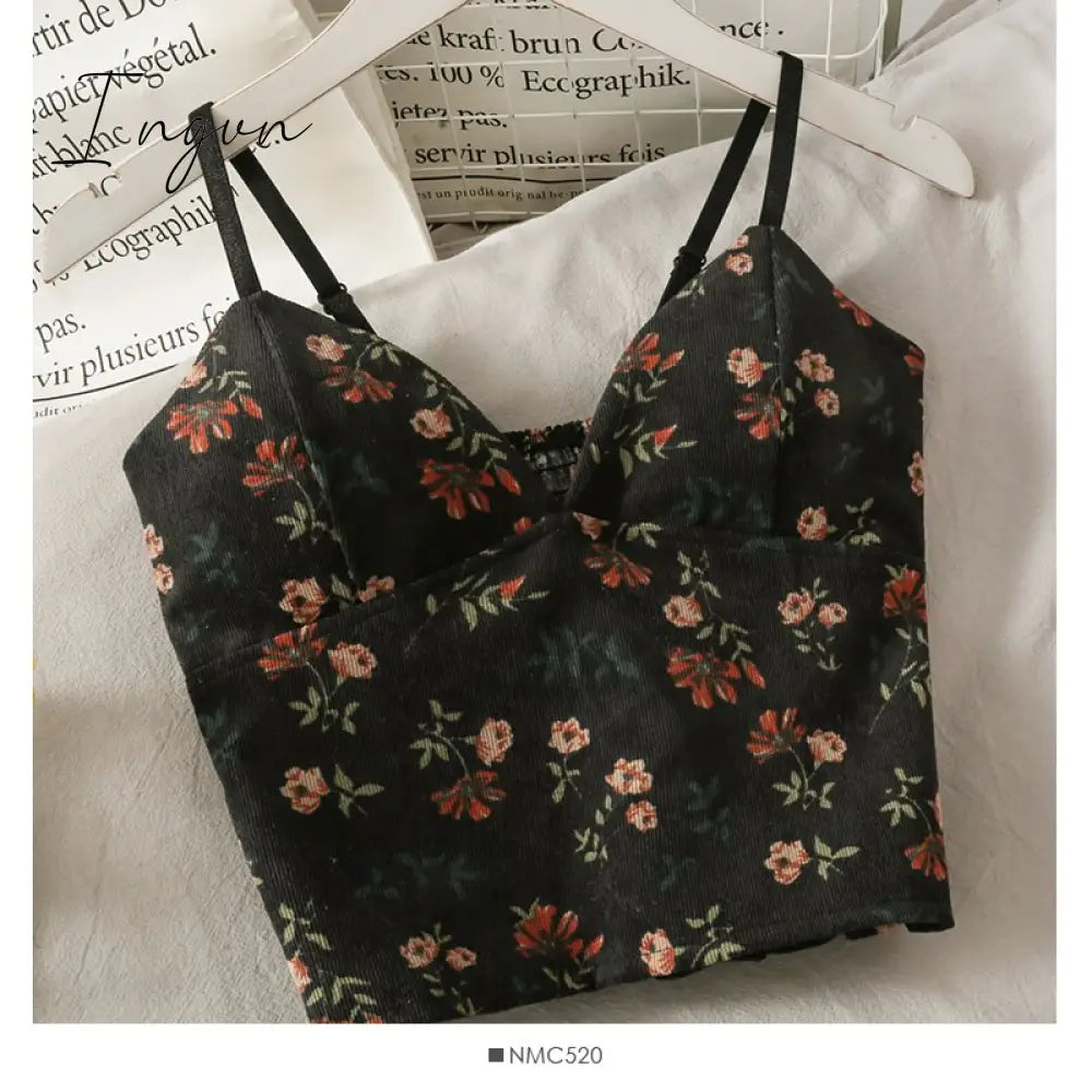 Ingvn - Backless V-Neck Floral Printed Tank Crop Tops