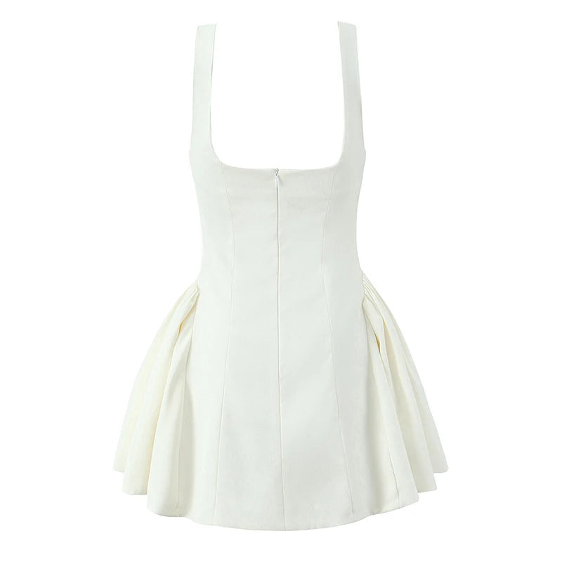 Elegant White Evening Party Mini Dresses For Women Square Neck Sleeveless  Pleated Hem Ball Gown Dress Summer Robe