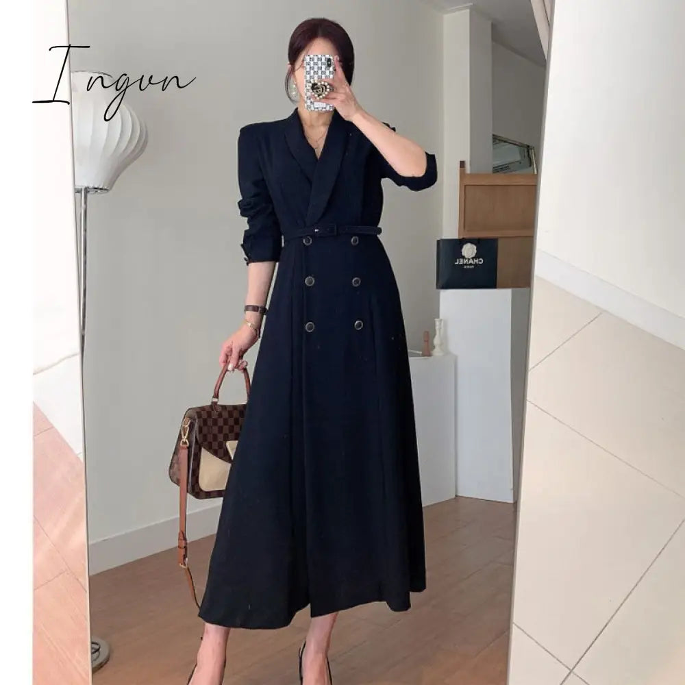 Ingvn - New French Spring Elegant Double Breasted Belted Sashes Women Suit Dress Autumn Office Long Sleeve Slim Waist Female Dress