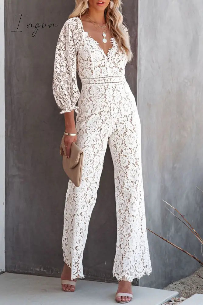 Ingvn - Embroidery Lace V Neck Regular Jumpsuits