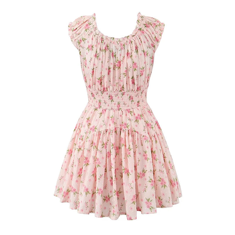 Sweet Women Pink Floral Print Mini Dress Sexy Off Shoulder Short Sleeve Elastic Waist Holiday Party Dress Summer Robe