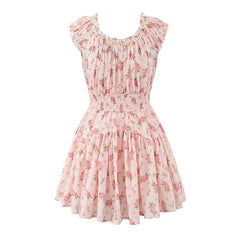 Sweet Women Pink Floral Print Mini Dress Sexy Off Shoulder Short Sleeve Elastic Waist Holiday Party Dress Summer Robe