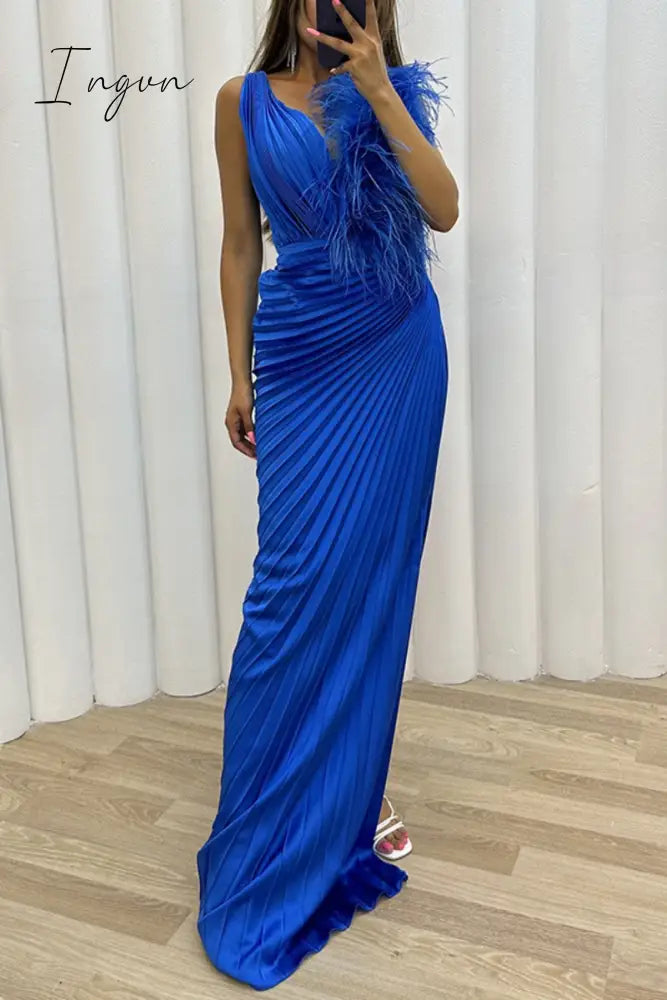 Ingvn - Sexy Solid Patchwork Pleated V Neck Long Dress Dresses