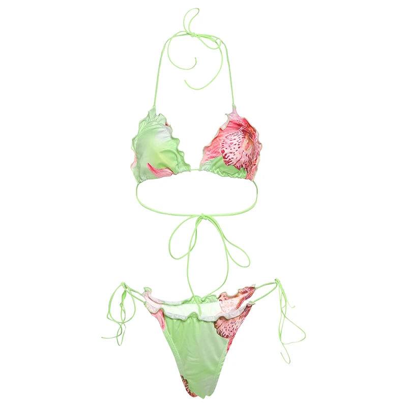Lace Colorful Flower Print Bikini Shirring 2 Piece Set Women Halter Bra Tops+Skinny Briefs Vacation Beach Style Outfits