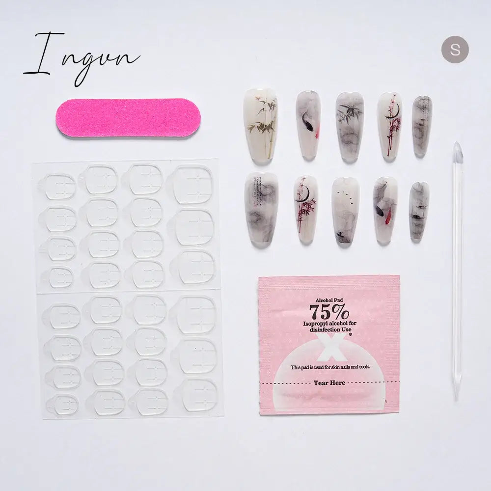 10PCS Chinese Style Fake Nails with Glue Sfumato Ink Long Nails Set Press on Acrylic Stick on False Nails Art