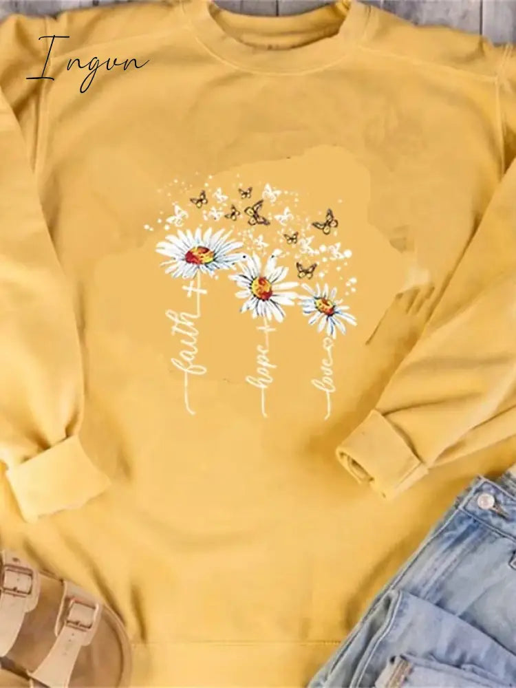 Ingvn - Women's Sweatshirt Pullover Basic Black Yellow Pink Floral Butterfly Street Round Neck Long Sleeve Top Micro-elastic Fall & Winter