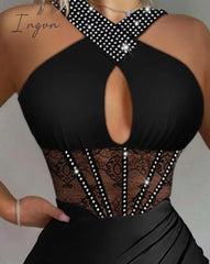 Ingvn - Fashion Women Solid Black Sleeveless Ruched High Slit Contrast Lace Corset Dress Halter Sexy See Through Dress Sexy Robes