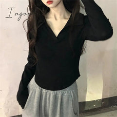 Ingvn - White T Shirt for Women 2023 New Long Sleeve Turn Down Collar Slim Tee Shirts Korean Fashion Office Ladies Casual Top
