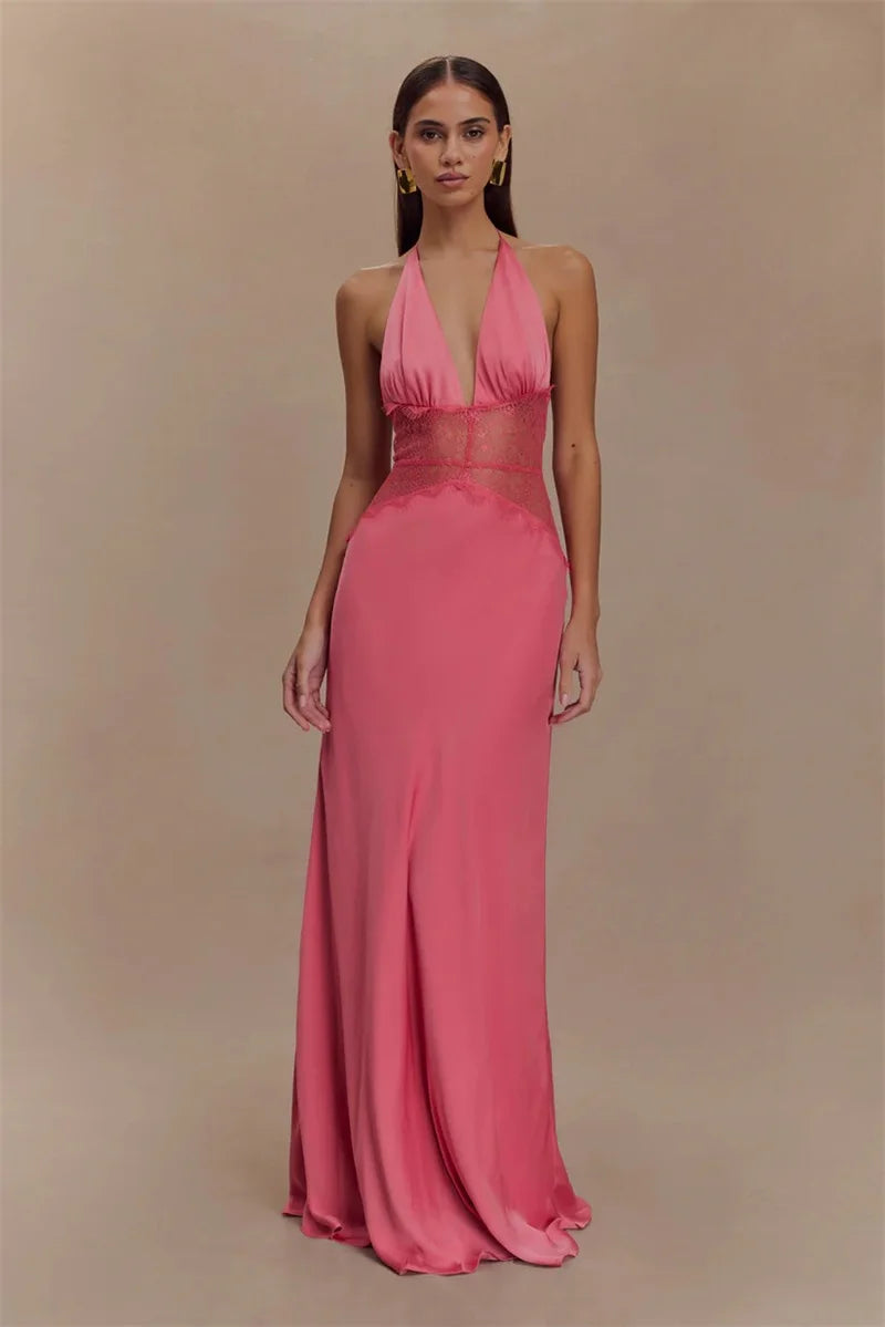 2025 Summer Backless Sexy Maxi Dress Women White Black Gown Lace Patchwork Halter Deep V Neck Sleeveless Party Club Long Dresses