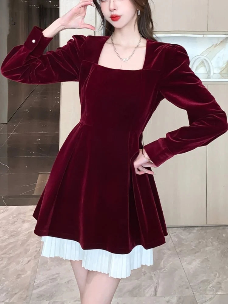 Korean Velvet Mini Dress Elegant Long Sleeve Square Collar Patchwork A-Line Birthday Party Vestidos High Waist Female Dresses