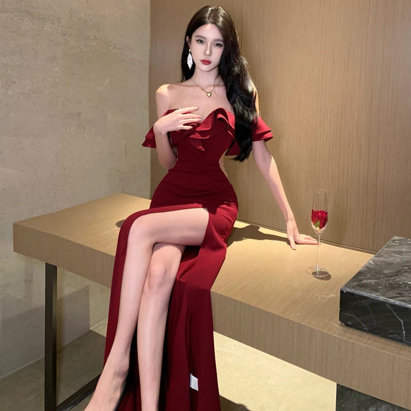 Vintage Red Sexy Backless Long Dresses Women Summer Elegant High Split Ruffles Luxury Evening Party Off Shoulder Female Clothing