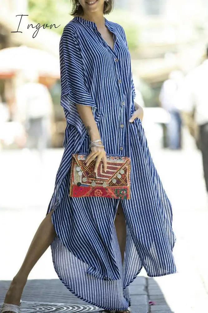 Ingvn - Casual Striped Buckle Asymmetrical Swimwears Cover Up