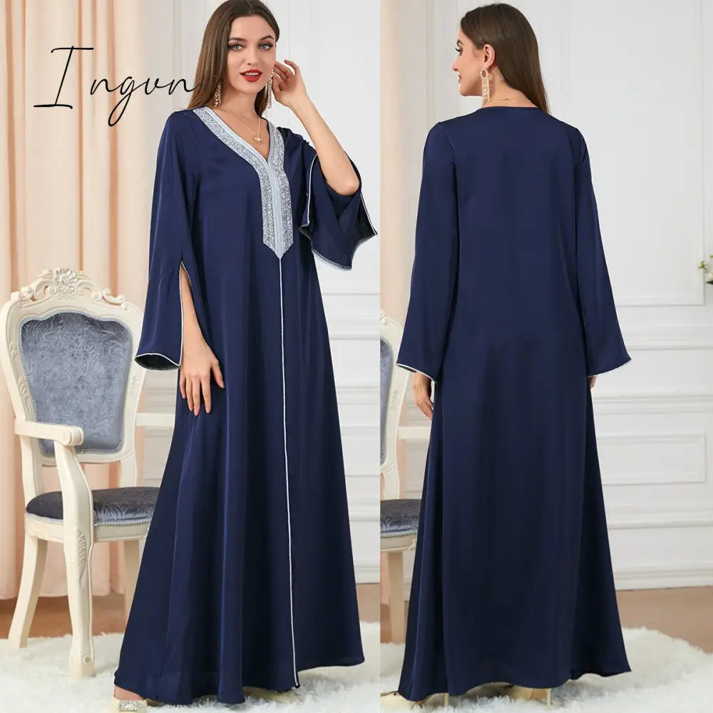 Ingvn - Party Dress Muslim Women Abaya Prayer Caftan V Neck Diamond Maxi Dresses Robe India Abayas Dubai Longue Vestidos Largos