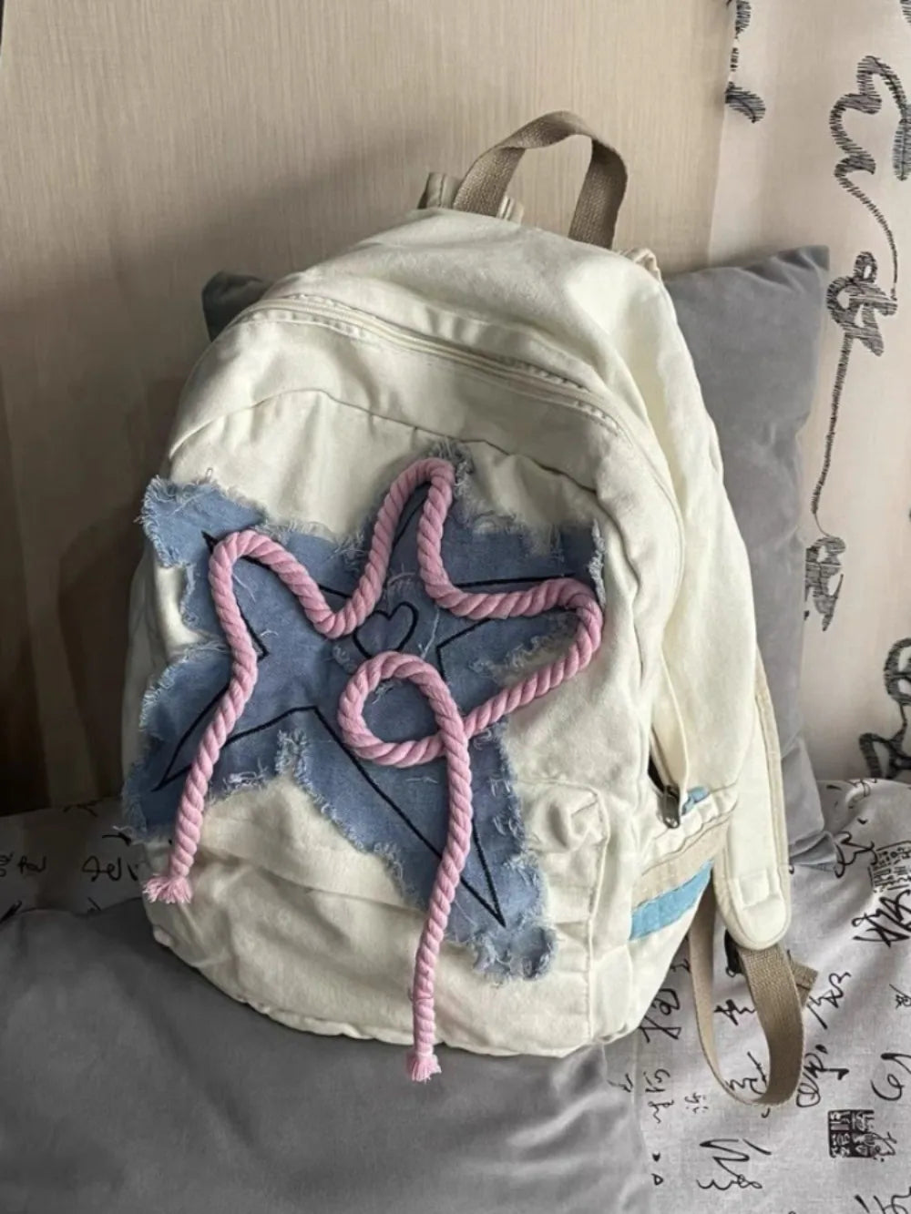 Ingvn  Women Y2K Exquisite Sweet Fresh Panelled Handle Satchel Denim Student Preppy Style Literary Backpacks Star Canvas Shoulder Bags