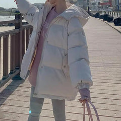 Ingvn - winter women's hooded zipper loose down jacket women's solid color regular thick padded jacket new