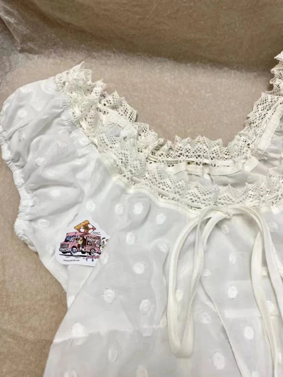 Dot Embroidery Lace-up Sweet T Shirt Women Summer Lace Trim Scoop Collar Puff Sleeve T-shirts Vintage Cute Blouse Y2k Crop Tops