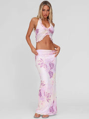 Mesh Print Sexy Skirt Two Piece Set Women Fashion Halter Tank Tops And Maxi Skirt Female Elegant Printed 2 Piece Set
