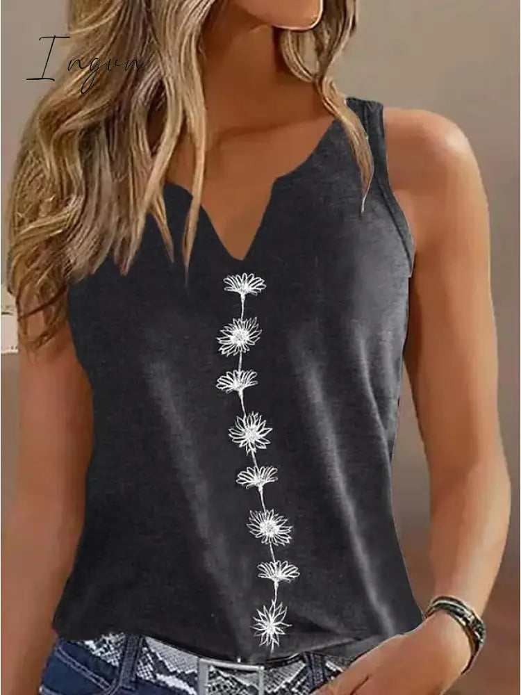 Ingvn - Women's Tank Top Black White Green Floral Print Sleeveless Casual Holiday Basic V Neck Regular Floral S