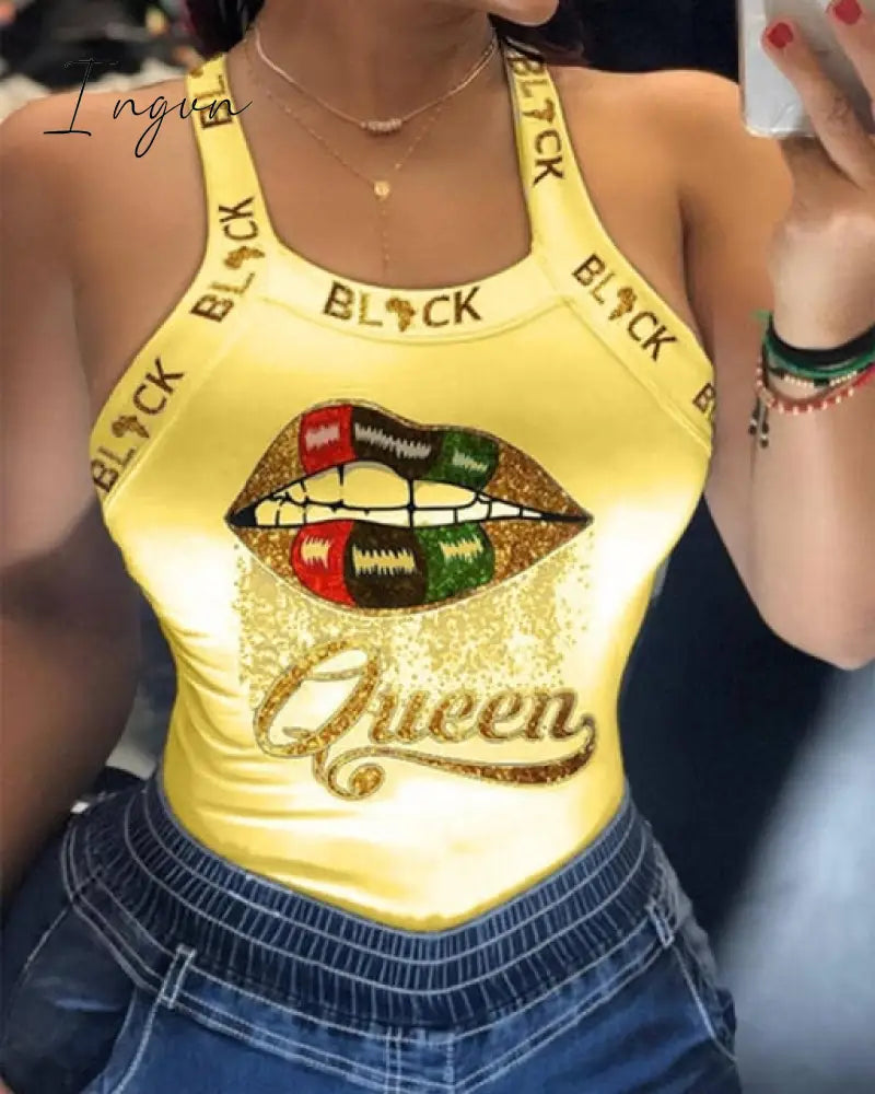 Ingvn - Tank Tops Women U Neck Letter Print Lips Vest Summer Ladies Harajuku Shirts Slim Fit Polyester Sleeveless Top Tshirts