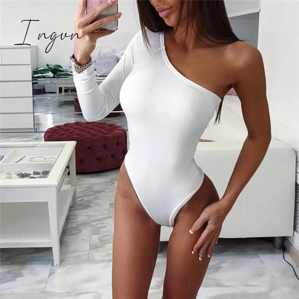 Ingvn - Bodysuit Female Sexy One Shoulder Long Sleeve Slim Bodycon Jumpsuits Solid Color Ladies Rompers Skinny Bodysuit