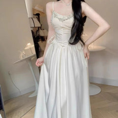 Elegant Evening Party Dresses for Women White Long Sleeveless Bodycone Dress Korean Midi Vintage Sweet Dress Chic