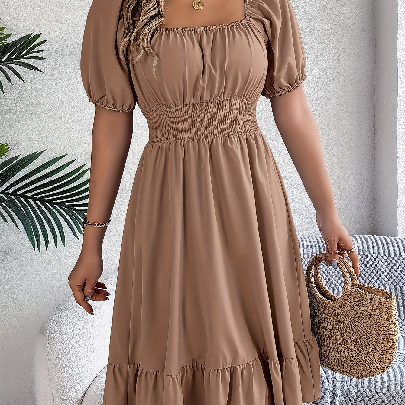 Solid Puff Sleeve Square Neck Waist Dress, Elegant Ruched Bust Ruffle Hem Dress, Women's Clothing Wedding graduation engagement occasion ceremony party holiday vacation birthday