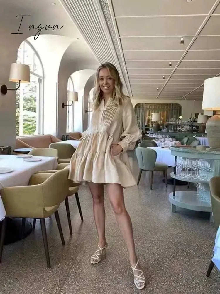 Ingvn - pleating women dress long sleeve spring autumn dress fashion ladies dress pockets mini sexy dress women