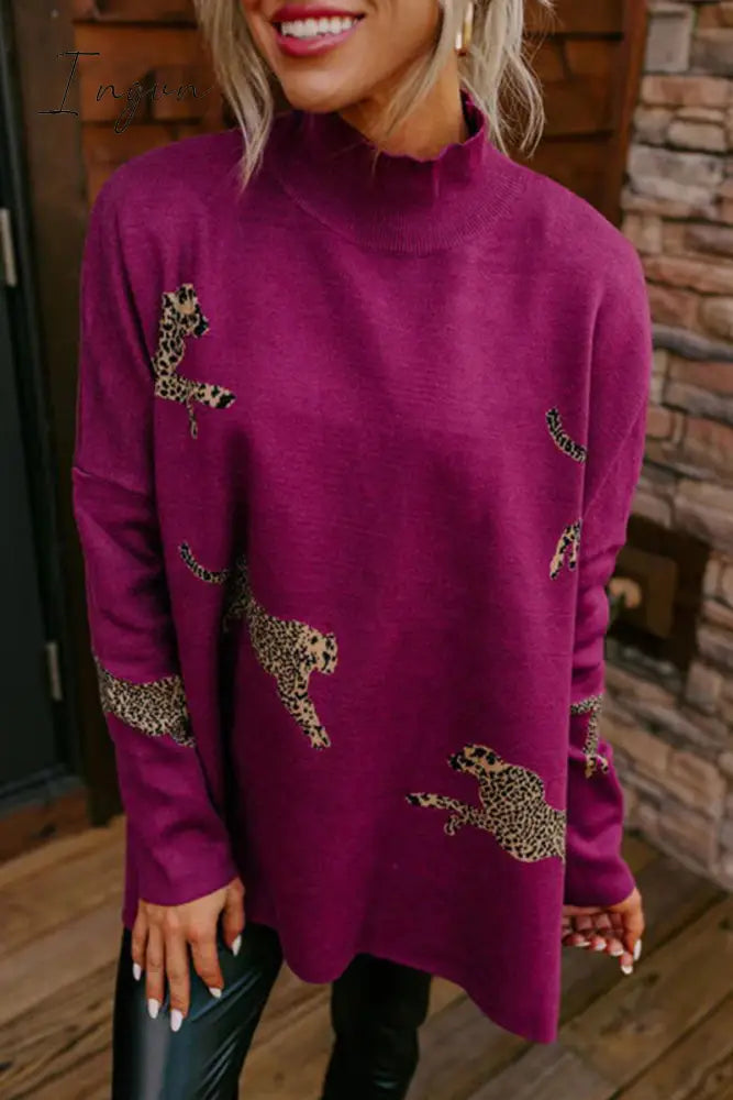 Ingvn - Casual Animal Slit Printing Turtleneck Tops