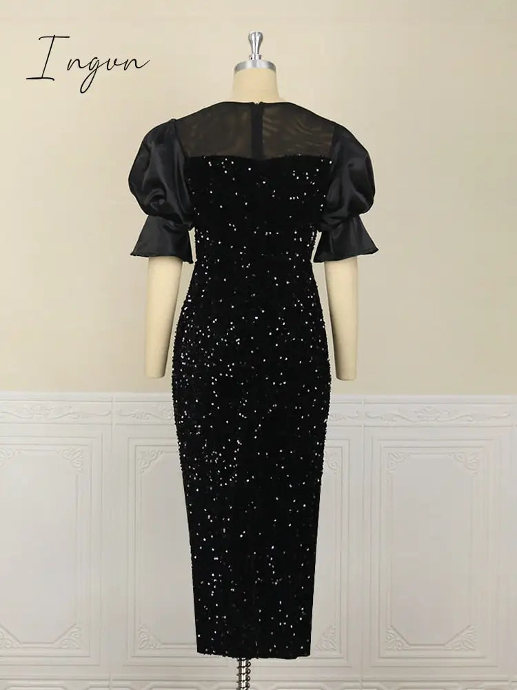 Ingvn - Womens Fashion Women Black Long Dress Sequined Shiny Glitter Embroidered Chest Wrapped Puff Sleeve Classy Winter Fall Party Celebrity Birthday